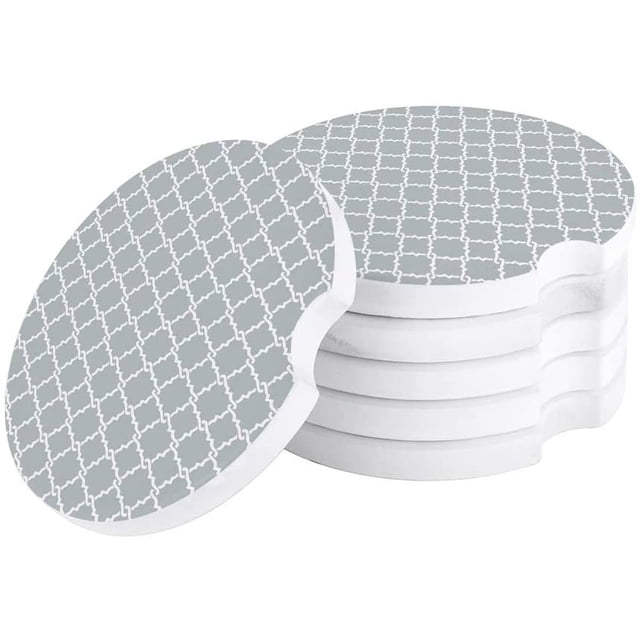 RYLABLUE Geometric Style Grey and White Plaid Moroccan Pattern Set of 4 Car Coaster for Drinks, Absorbent Ceramic Stone Coasters Cup Mat with Cork Base for Home Kitchen Room Coffee Table Bar Decor