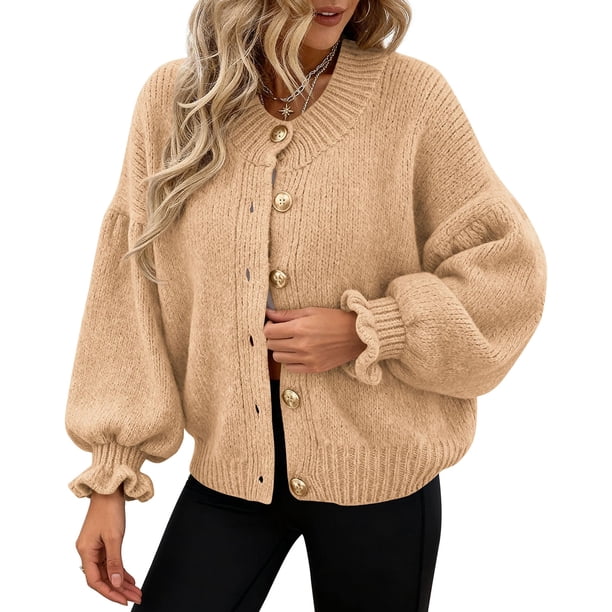 Cardigan PRETTYGARDEN Mujer Suéter Corto de Punto Khaki Talle S