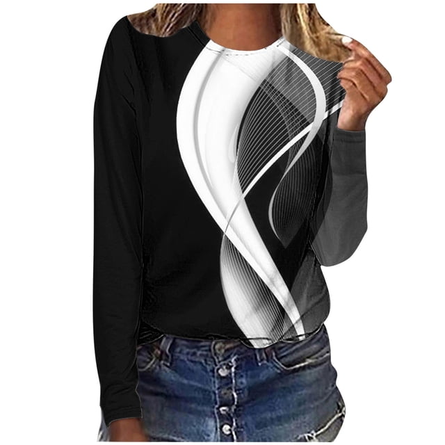 Hauts à Manches Longues pour Femmes T-Shirts Imprimés Décontractés Amples à Col Rond à Manches Longues Hauts Blouse T-Shirts à Manches Longues pour Femmes T-Shirts Longs pour Femmes Blouses à Manches Longues pour Femmes