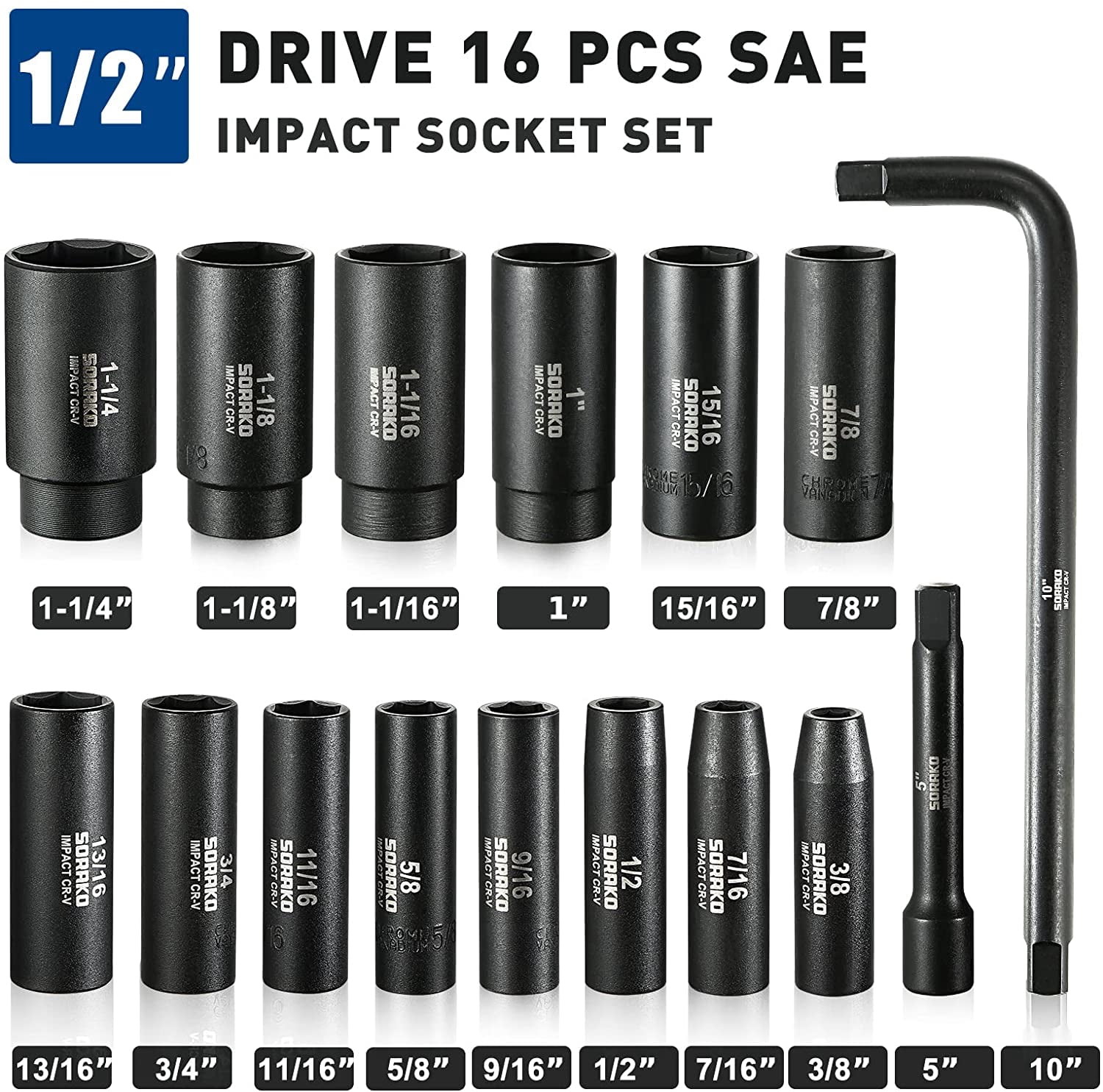 SORAKO Impact Socket Set 1/2” Drive, 16 Pcs Deep Socket Set, Include 14 PCS SAE Impact Sockets