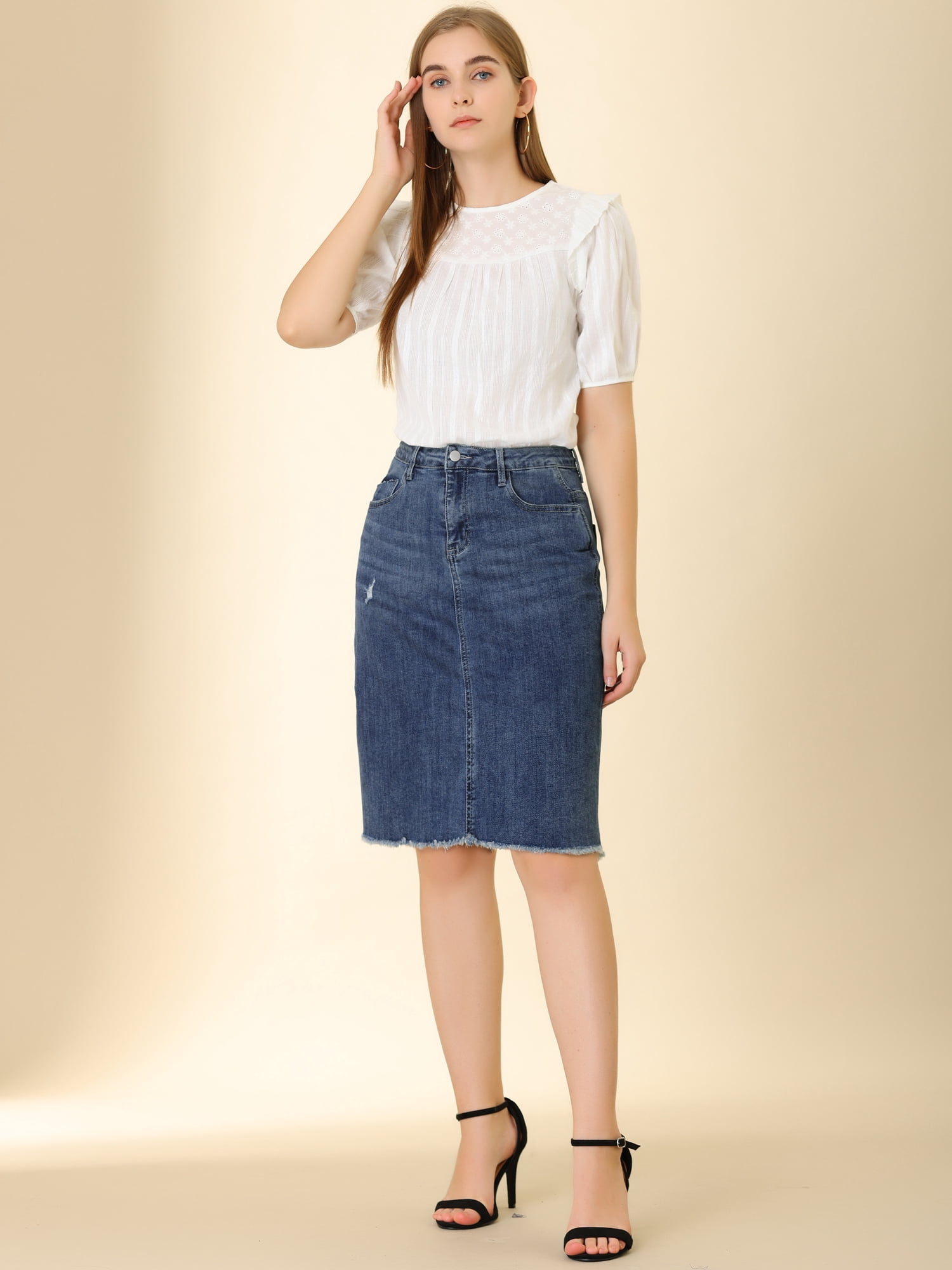 DARING DIVA Women's Ripped Hem Washed Jeans Denim Skirt XL Dark Blue