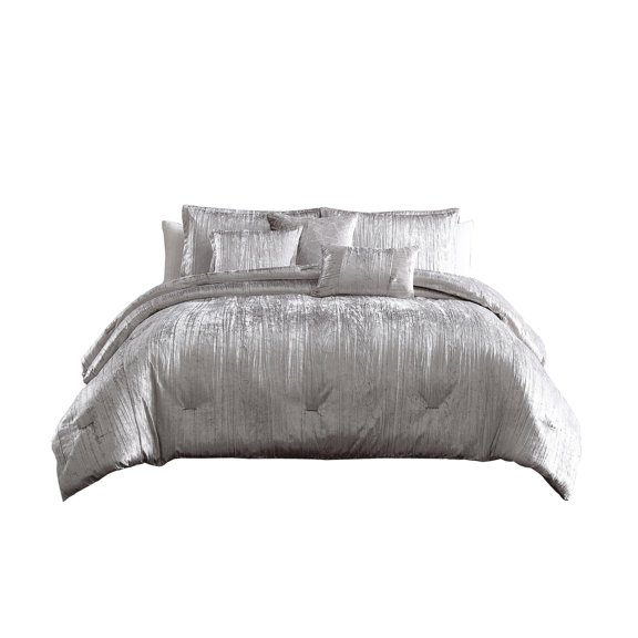 Benjara King Size 7 Piece Fabric Comforter Set with Crinkle Texture, Silver