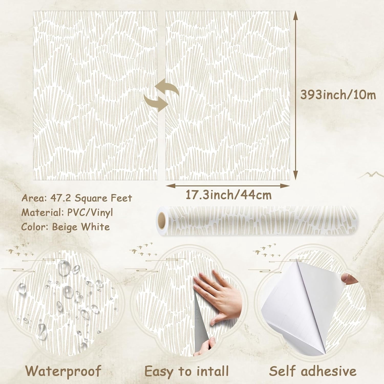 Beige Wallpaper 17.3"×393" Modern Striped Wallpapers Peel and Stick Wallpaper Vinyl Removable Self Adhesive Wallpaper for Bedroom Waterproof Wall Paper White and Gold Contact Paper