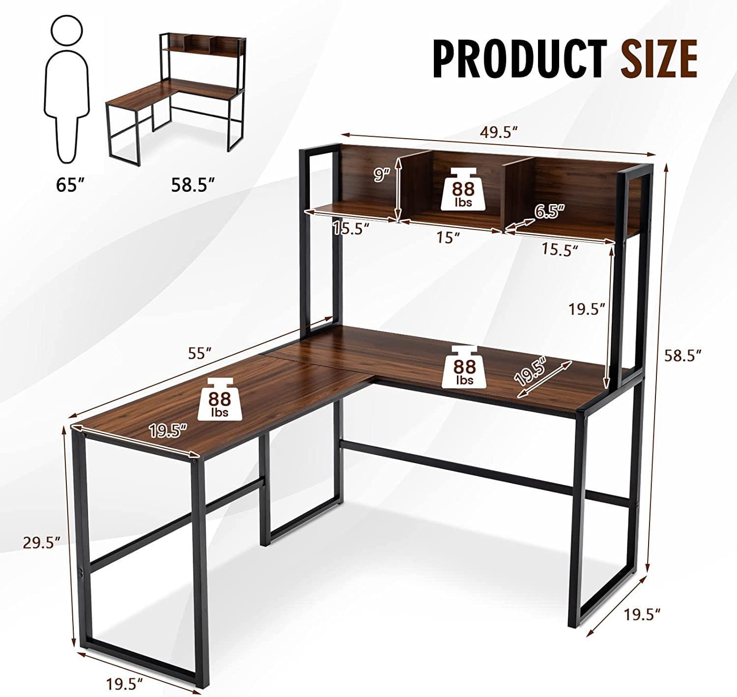 Neatifyes Reversible L-Shaped Desk with Hutch, Space Saving Corner Computer Desk with Storage Shelves, Home Office Study Writing Desk Computer Workstation with Storage Bookshelf, Gaming Desk