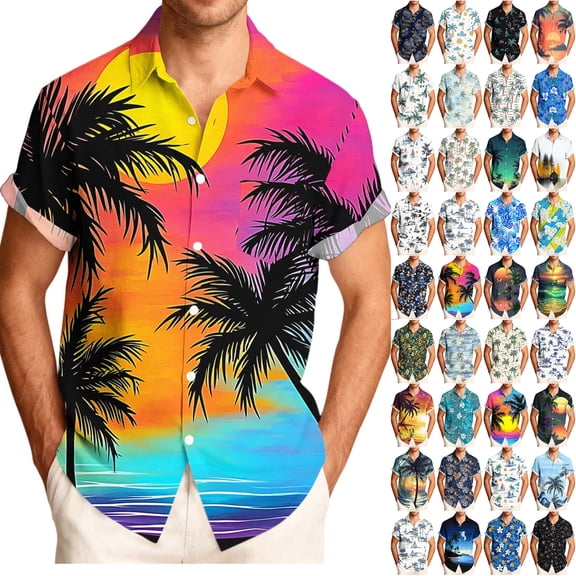 LODIENY Men's Short Sleeve Button Down Casual Hawaiian Shirts Summer Beach Holiday Tropical Palm Tree Sunset Printed Big and Tall Regular Fit Tops Trendy Graphic Tees Shirt Blue#01 S