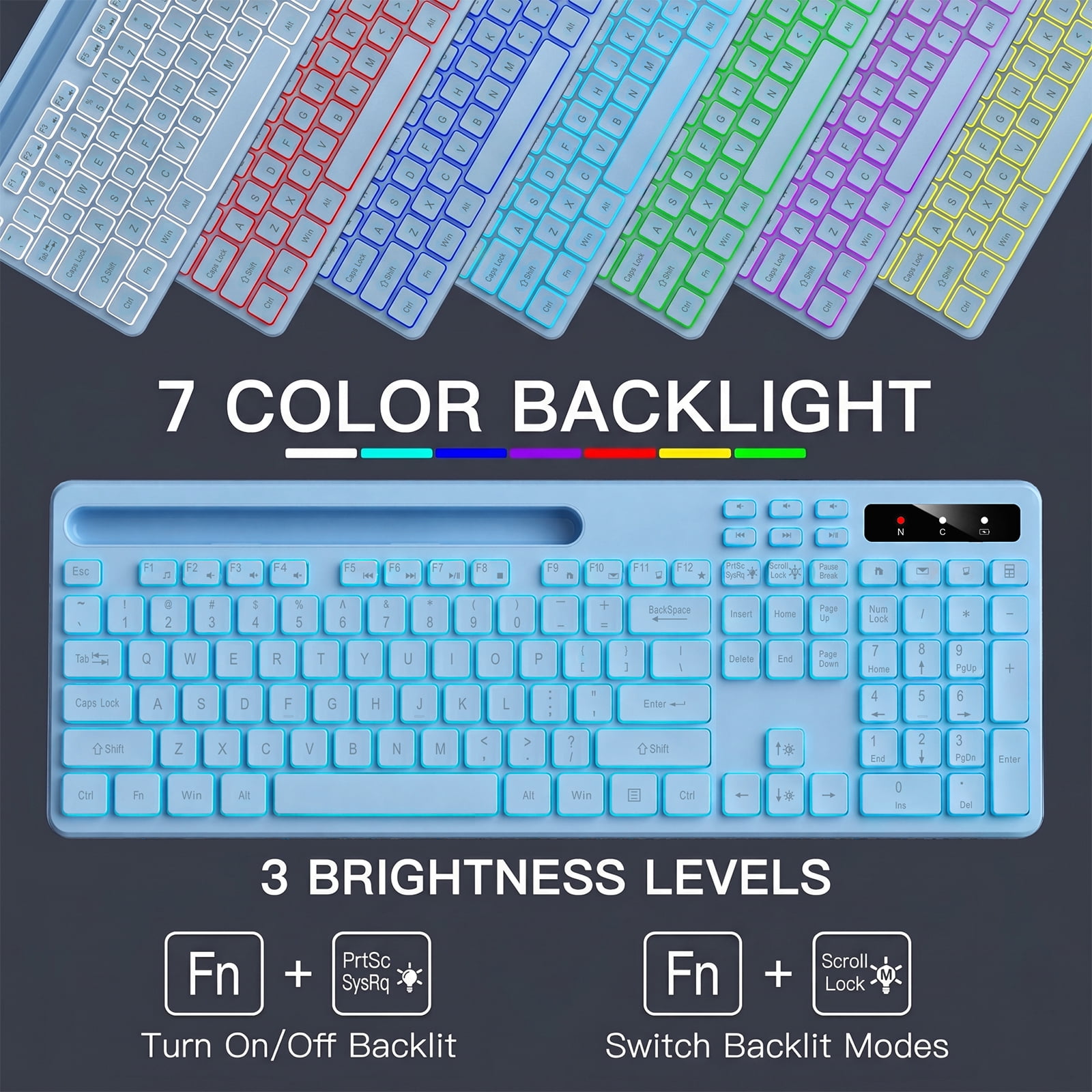 Wireless Keyboard with 7-Color RGB Backlit, Marvo Full-Size Computer Keyboard with Phone Tablet Holder, Rechargeable 2.4G Wireless Gaming Keyboard with Light up Keys, Compatible with Mac,Window, Blue