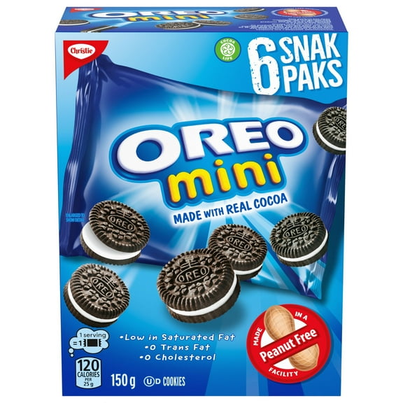 OREO, Mini Original Chocolate Sandwich Cookies, Made in a Peanut-Free Facility, Individually Wrapped, Snack Pack, School Snacks, Baked in Canada, 150 g