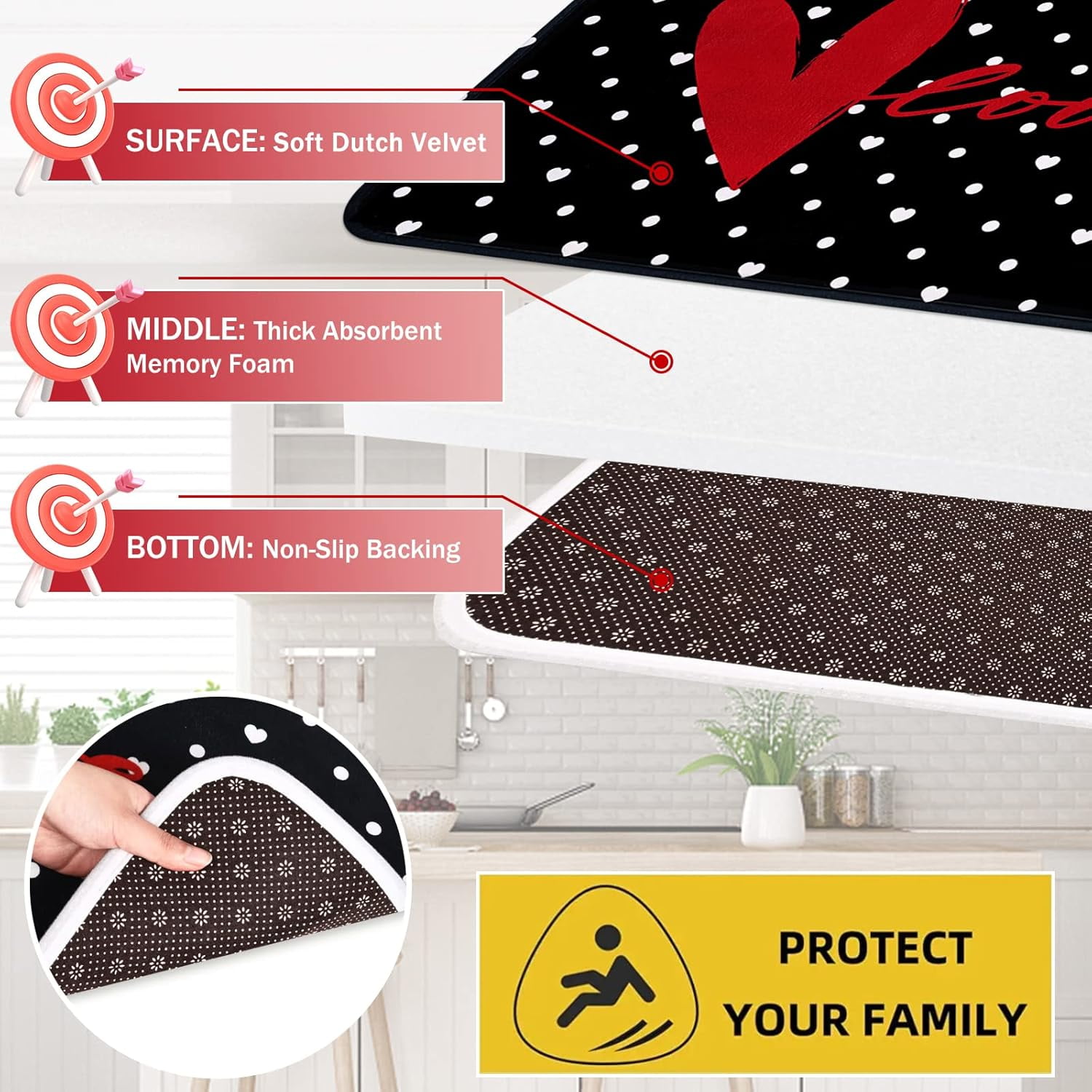 2 Pcs Valentines'' Day Kitchen Rugs, Black Kitchen Area Rug Set, Love Heart Doormat Set with Non Slip Backing, Absorbent Anti Fatigue Kitchen Mats for Laundry Room Floor Bedroom Home Decor