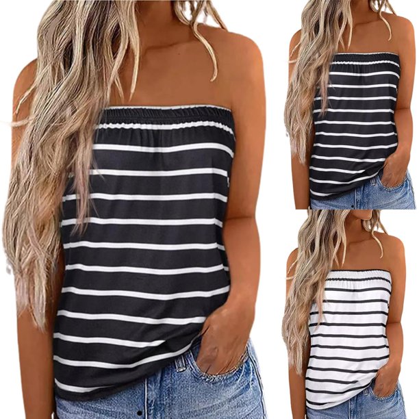Fiudx Ofertas Relámpago Blusa Sin Tirantes Informal Sin Tirantes para Mujer, Chaleco Estampado con Hombros Descubiertos