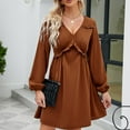 thumbnail image 5 of IROINNID Long Sleeve Dress for Women Long Sleeve Solid Color V-Neck Short Skirt Dress Deals,Brown, 5 of 6