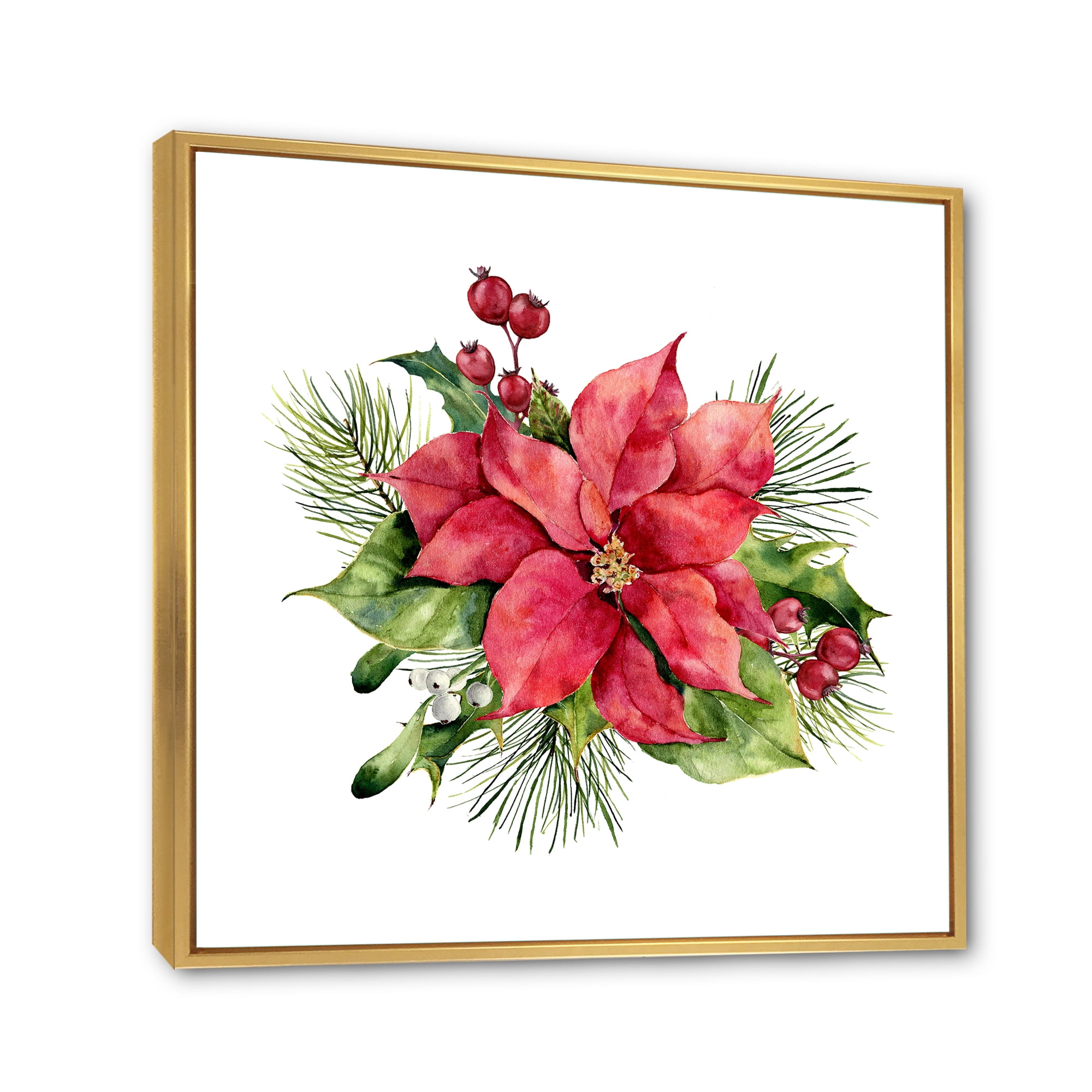 Christmas Fir Branch and Holly Mistletoe Berries I 16 in x 16 in Framed Painting Canvas Art Print, by Designart
