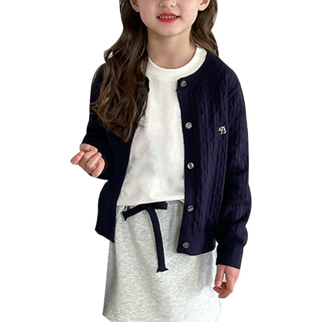 Wuxian Toddler Knit Cardigan Sweater With Button Long Sleeve O-Neck Solid Color For To Teen Soft Comfortable Outfit Tops, Navy, 2-3 Years