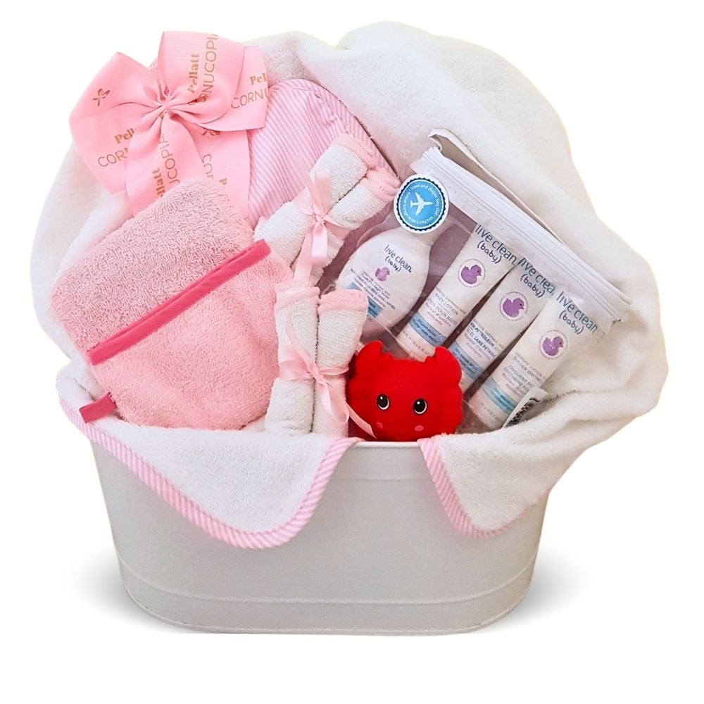 Pellatt Cornucopia Newborn Baby Girl Bath Gift Basket With Hooded Towel Washclothes Organic Soap And Body Lotion Pink