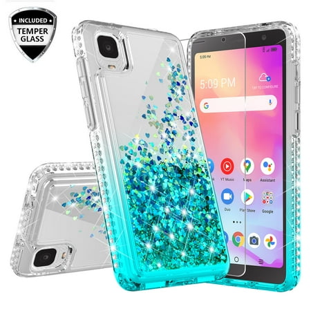 Liquid Quicksand Glitter Cute Phone Case for Alcatel TCL A3 A509DL / TCL A30 Case for Girls Women Clear Bling Diamond Phone Case Cover - Clear/Teal