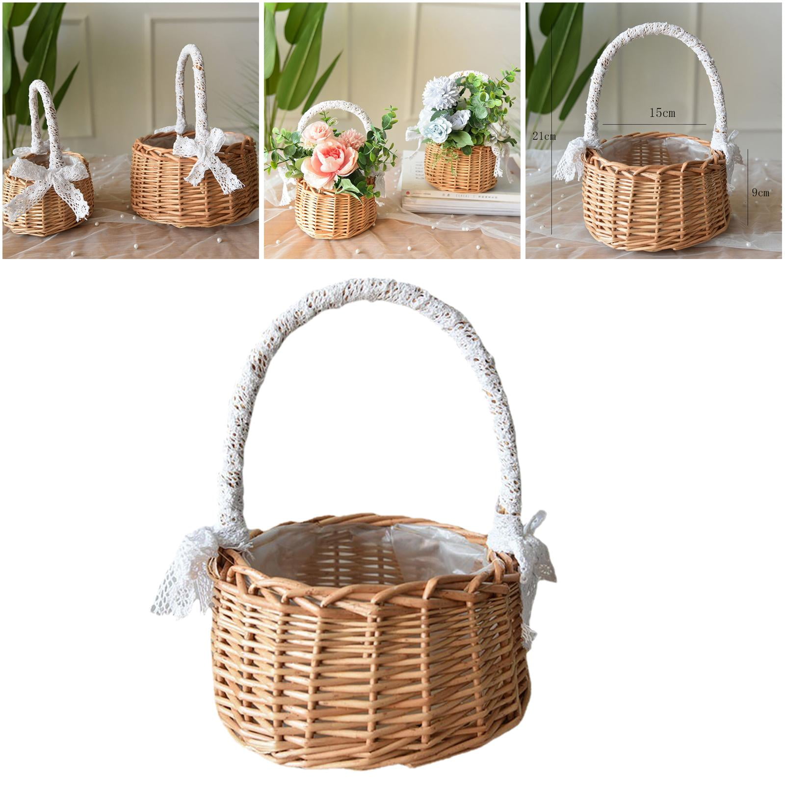 Rattan Storage Basket with Handles Lace Bow Decor Wedding Flower Girl Gifts indoor and outdoor Flower Pot Plant Holder , M M
