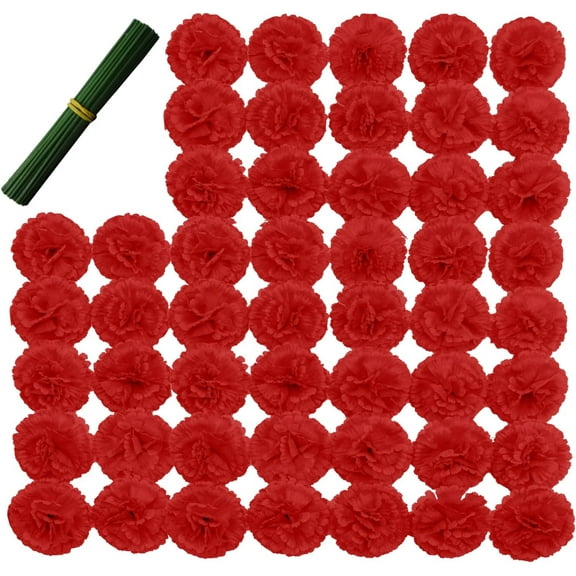 Silk Carnation Flower, 50 Artificial Flowers, Used for Wedding Decoration DIY Handmade Flowers, Carnation Flower Diameter 3.5 Inches and 6 Inches Stem (Red)