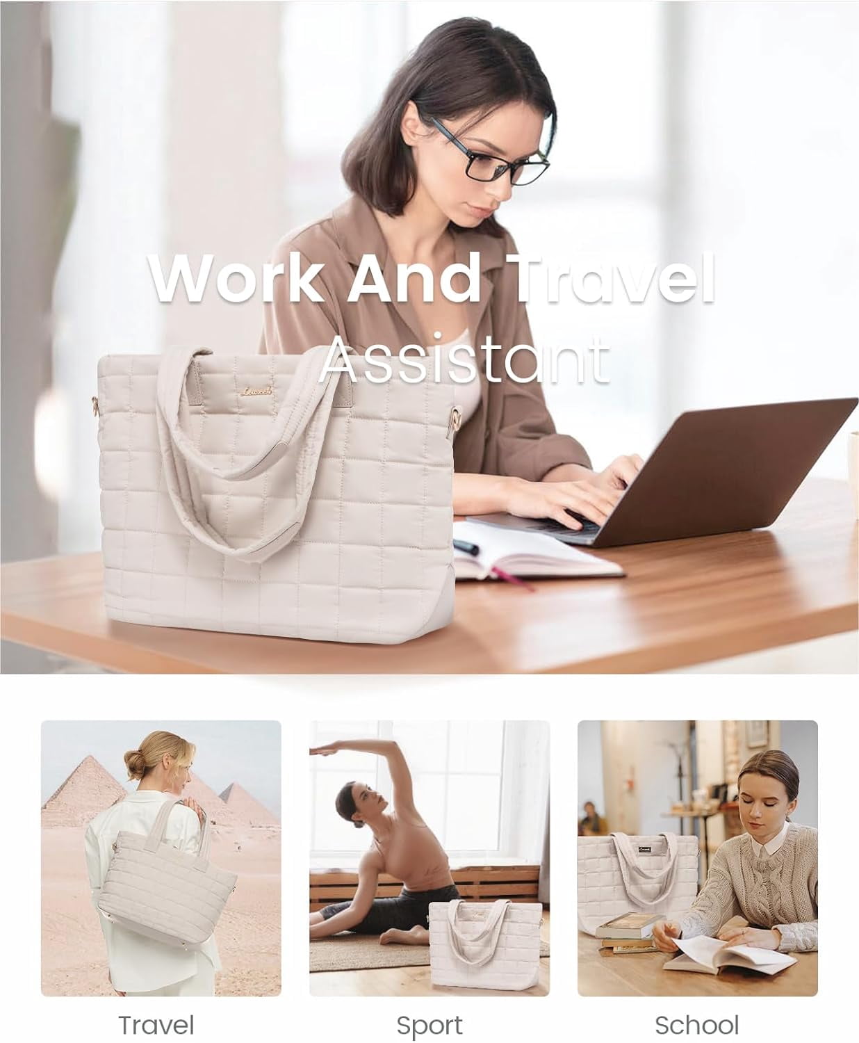 Lovevook Puffer Tote Bag for Women, Quilted Work Tote Bag Fits 15.6 In Laptop Compartment, Large Puffy Shoulder Bag Travel Bag for Daily Work Gym Weekend