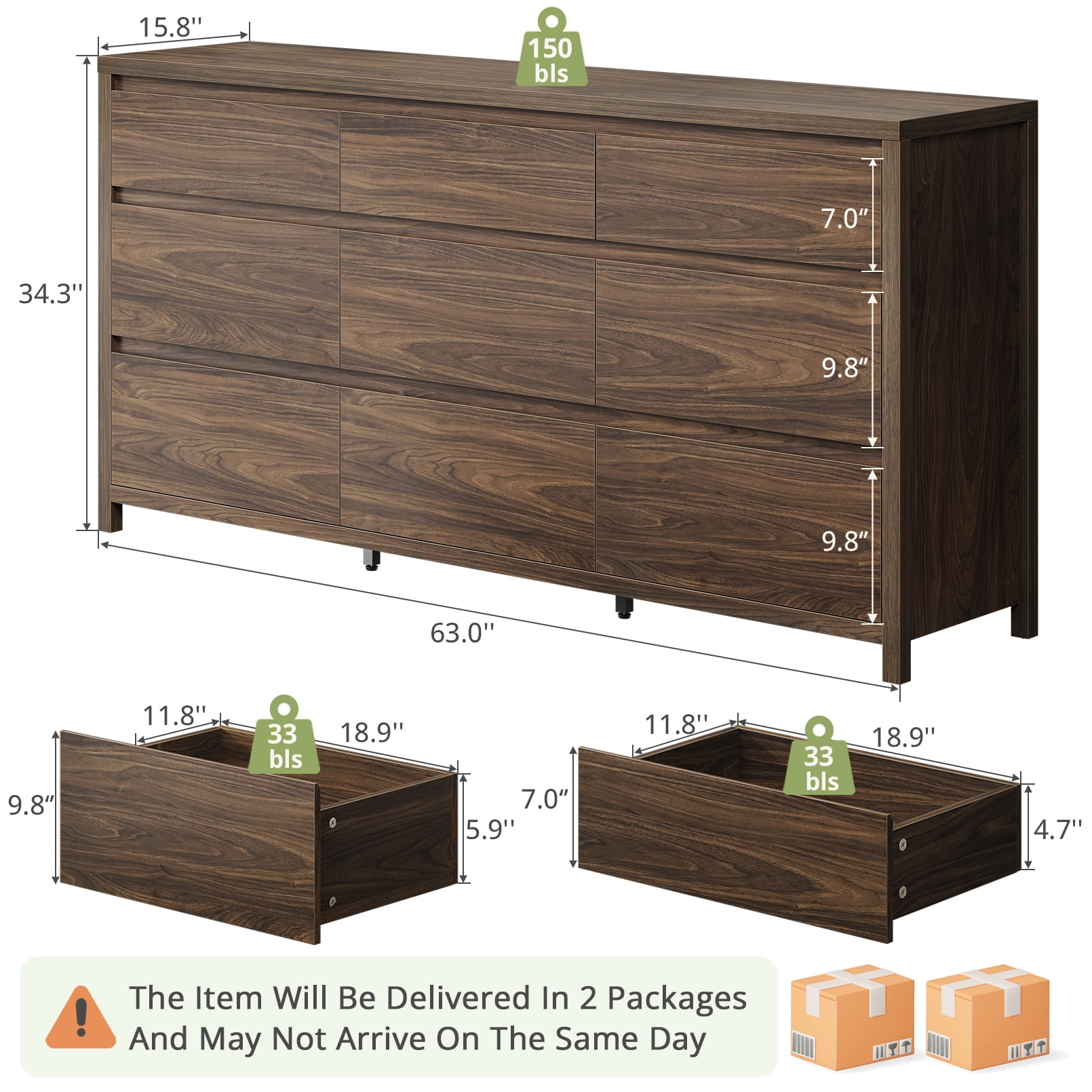 9 Drawer Dresser for Bedroom, 63" Wide Wooden Closet Dresser with Smooth Drawer, Large Dressers & Chests of Drawers for Bedroom Living Room, Walnut Dresser