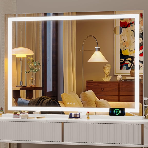 Hasipu 42" x 30" LED Vanity Mirror with Touch Screen Control Lighted Makeup Mirror with Dimmable 3 Modes Square White Frame