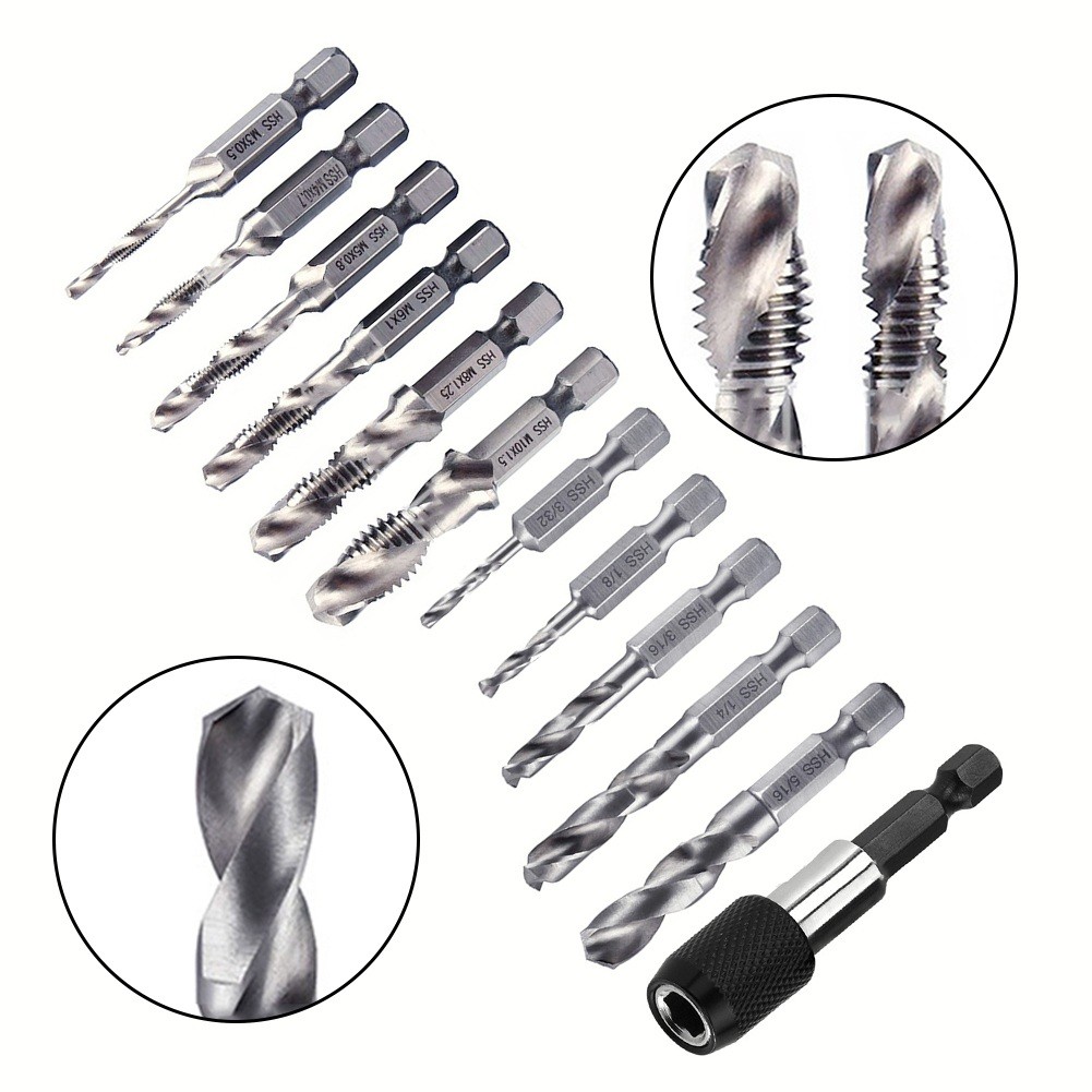 Clupup 13Pcs SAE/Metric Tap Drill Bit Set Hex Shank HSS Screw Thread Bit Compound Tap With Adapter M3 M5 M6 M8 M10 Hand Tools