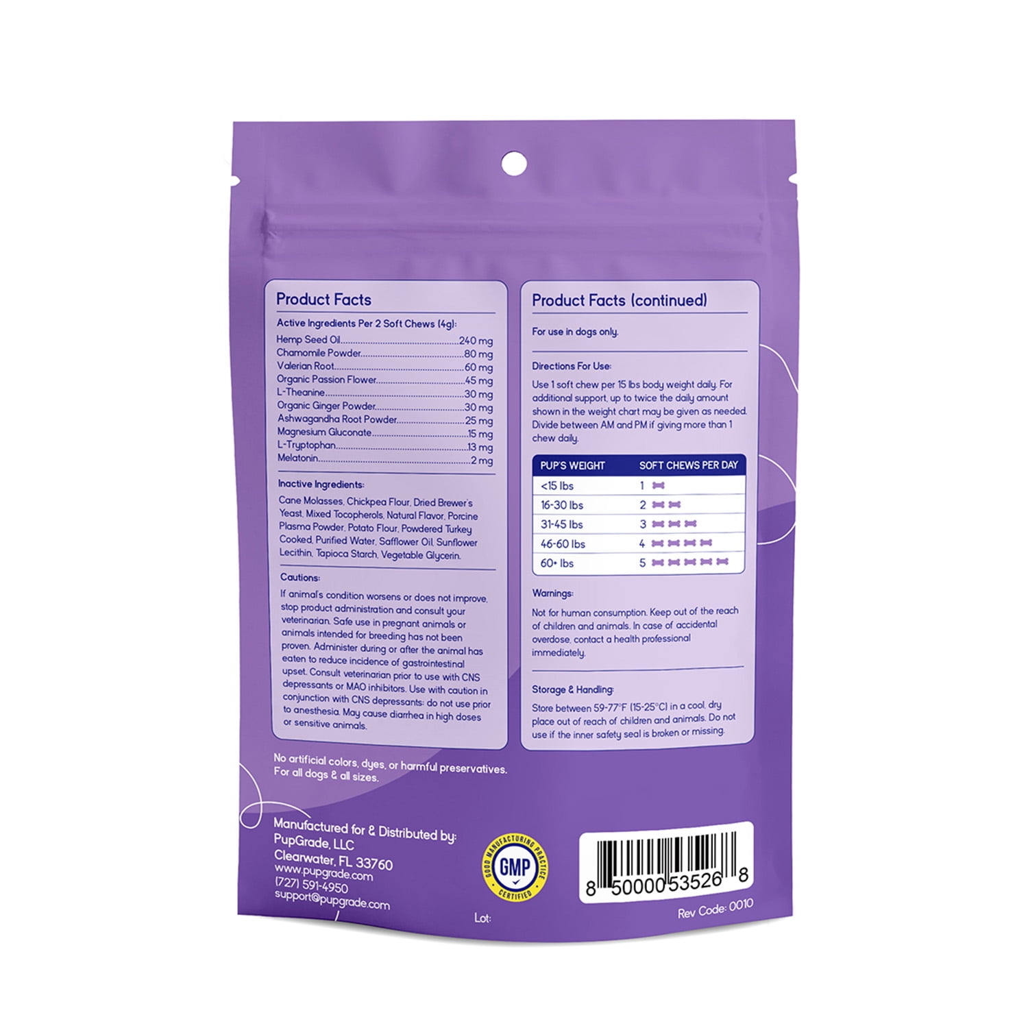 PupGrade Calming Support Soft Chews for Dogs, Hemp Oil & Chamomile, 120 Count Bag