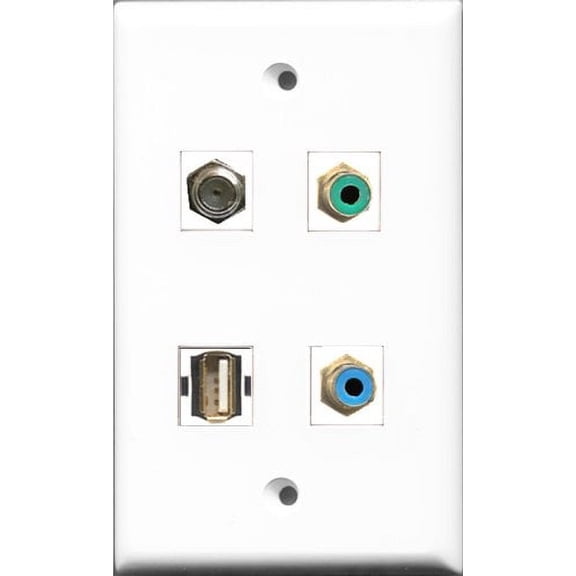 RiteAV 1 Port RCA Green and 1 Port RCA Blue and 1 Port Coax Cable TV- F-Type and 1 Port Shielded Cat6 Ethernet Wall Plate