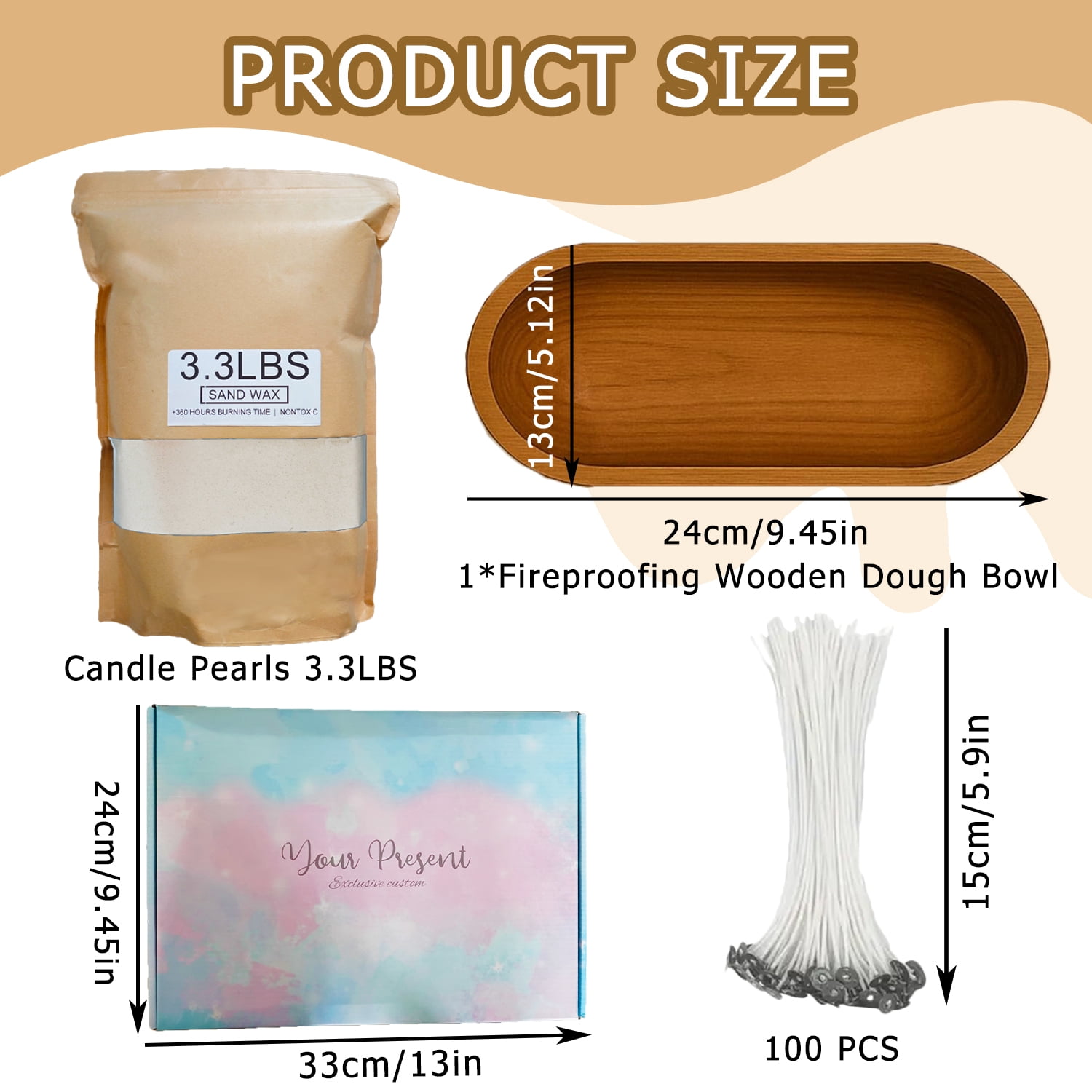 Pearled Candle Sand Gift Set with Wicks,3.3 lbs Sand Wax Candle Kit:Wooden Dough Bowl,100 Wicks,Scented Oil,Up to 360 Hours Burn Time,Non-Toxic,Reusable Candle Making Kit,White