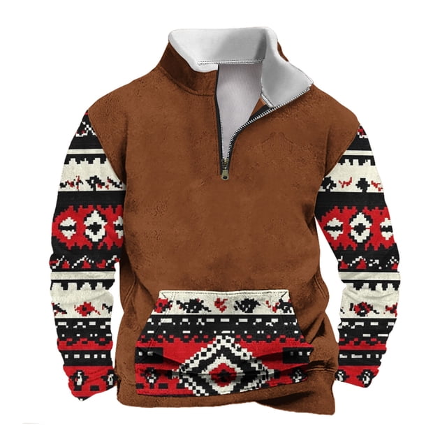 Manches pour Hommes, Manches Longues pour Hommes, Mode Décontractée Col Montant Cradation Imprimé Ethnique Rétro Chandail à Fermeture Éclair Sweat à Manches Longues