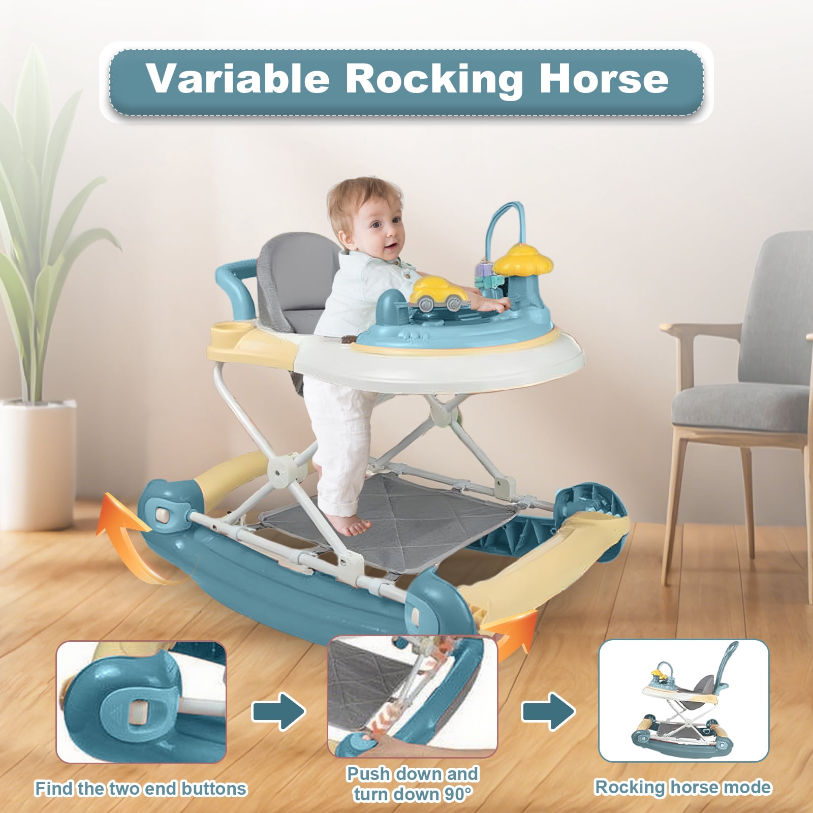 ManyFun 5-in-1 Baby Walker, Musical Activity Push Walker with Detachable Awning Footrest, Adjustable Height, Blue
