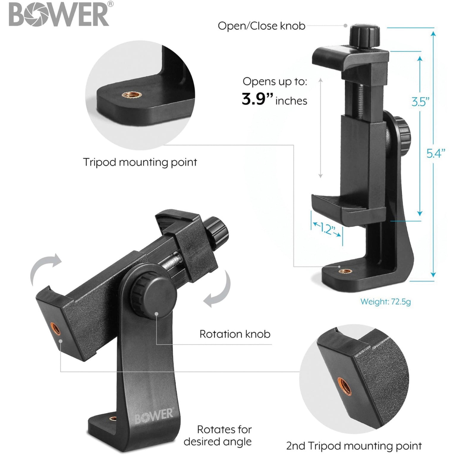 Bower 360 Degree Phone Rotation Tripod Mount for Landscape and Portrait Mode, Black