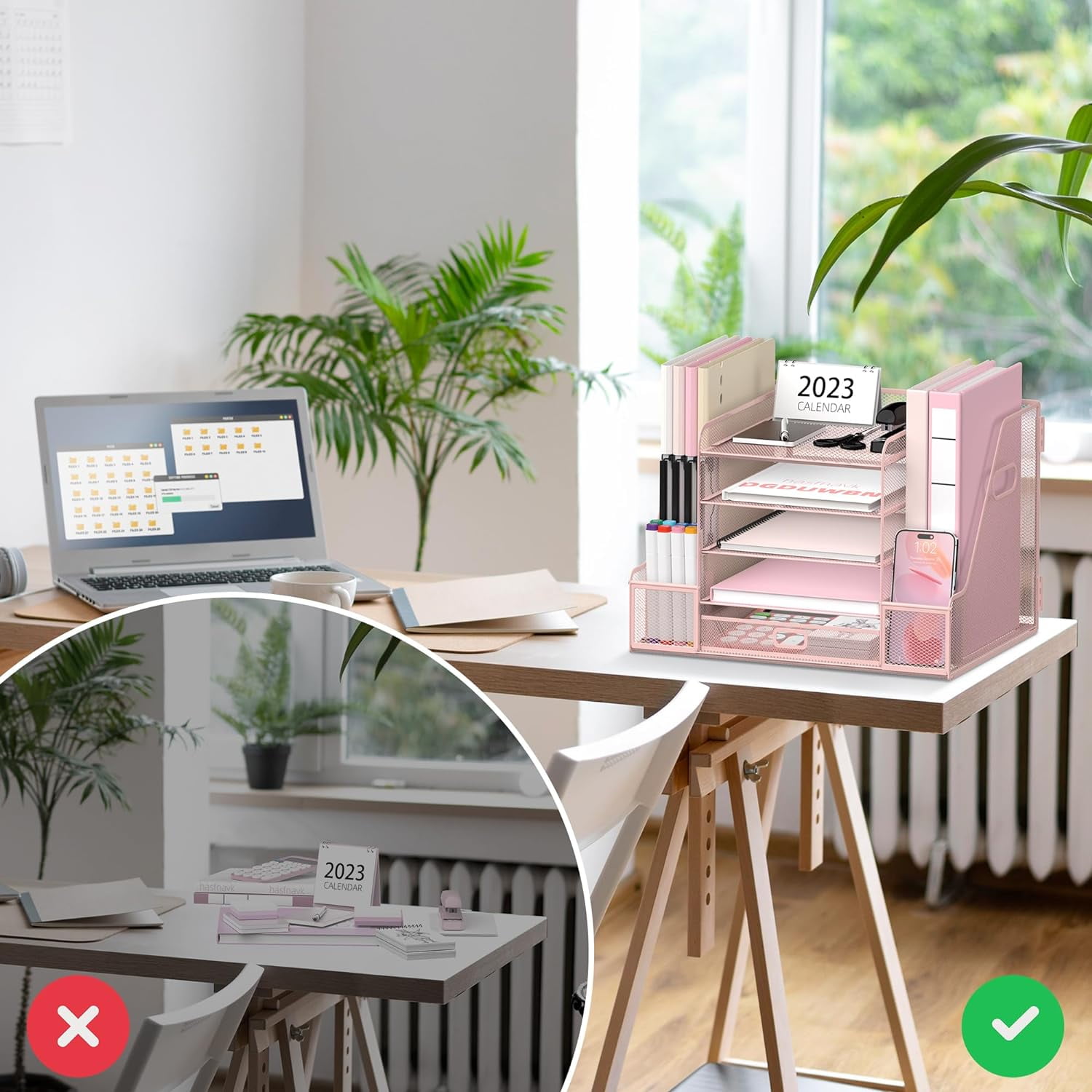 INTIGE 5-Tier Metal Desktop Organizer with 2 Pencil Holder, 1 Drawer, 2 File Storage, Handle, Pink