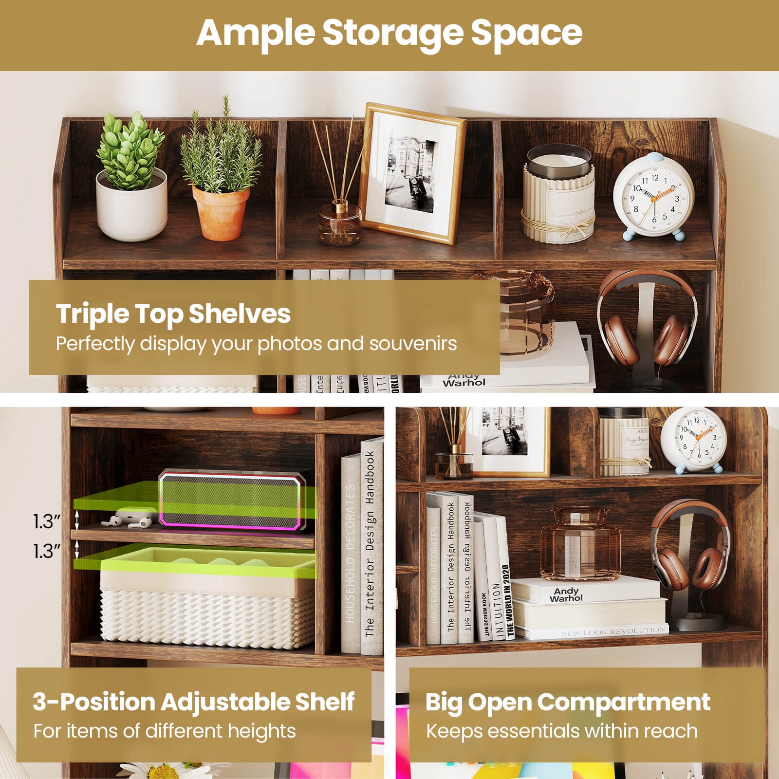 Costway 3-Tier Desktop Bookshelf with 6 Shelves Desk Organizer for Computer Desk Rustic Brown