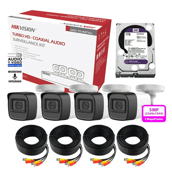 Kit Cctv  5 Megapixel 4 Cámaras Tipo Bala Metálicas Micrófono Integrado Disco Duro 1 TB HILOOK HIK5MPSLQ-KIT-1TB