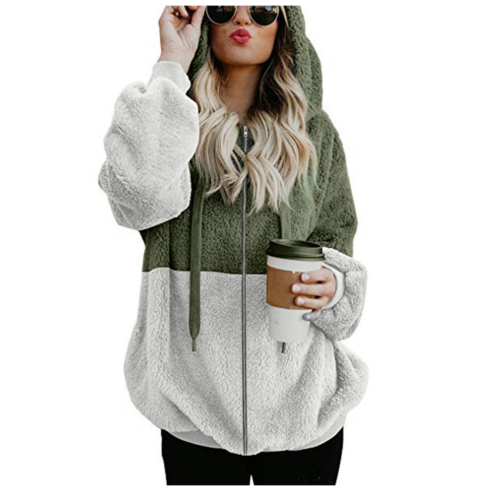 Women Hooded Sweatshirt Coat Winter Warm Wool Zipper Pockets Cotton Coat Outwear