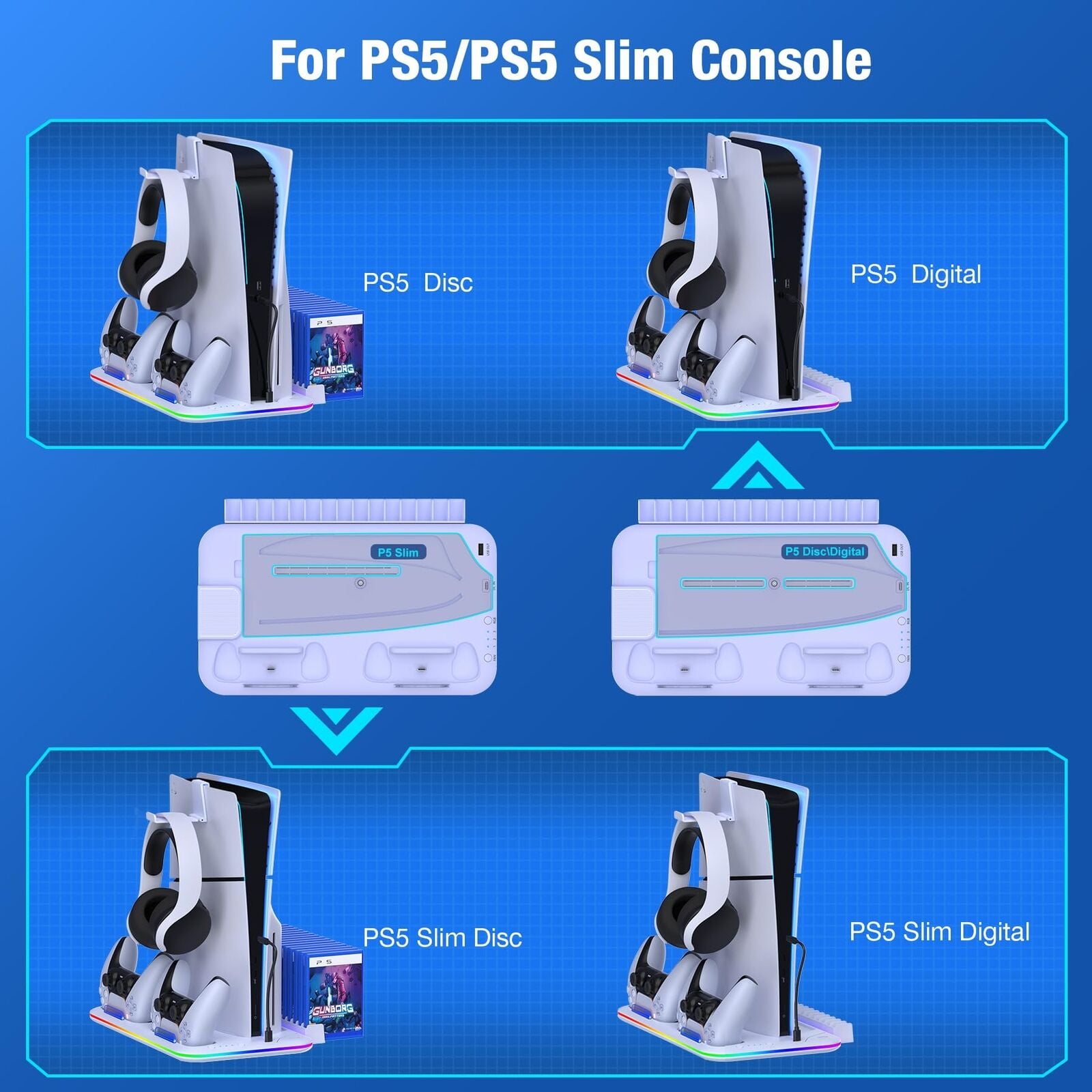 PS5 Stand and Cooling Station with Controller Charging Station for P5 Slim, PS5 Accessories Incl. 3 Levels Cooling Fan, 15 Game Storage, Headset Holder for Playsation 5 Digital/Disc, White