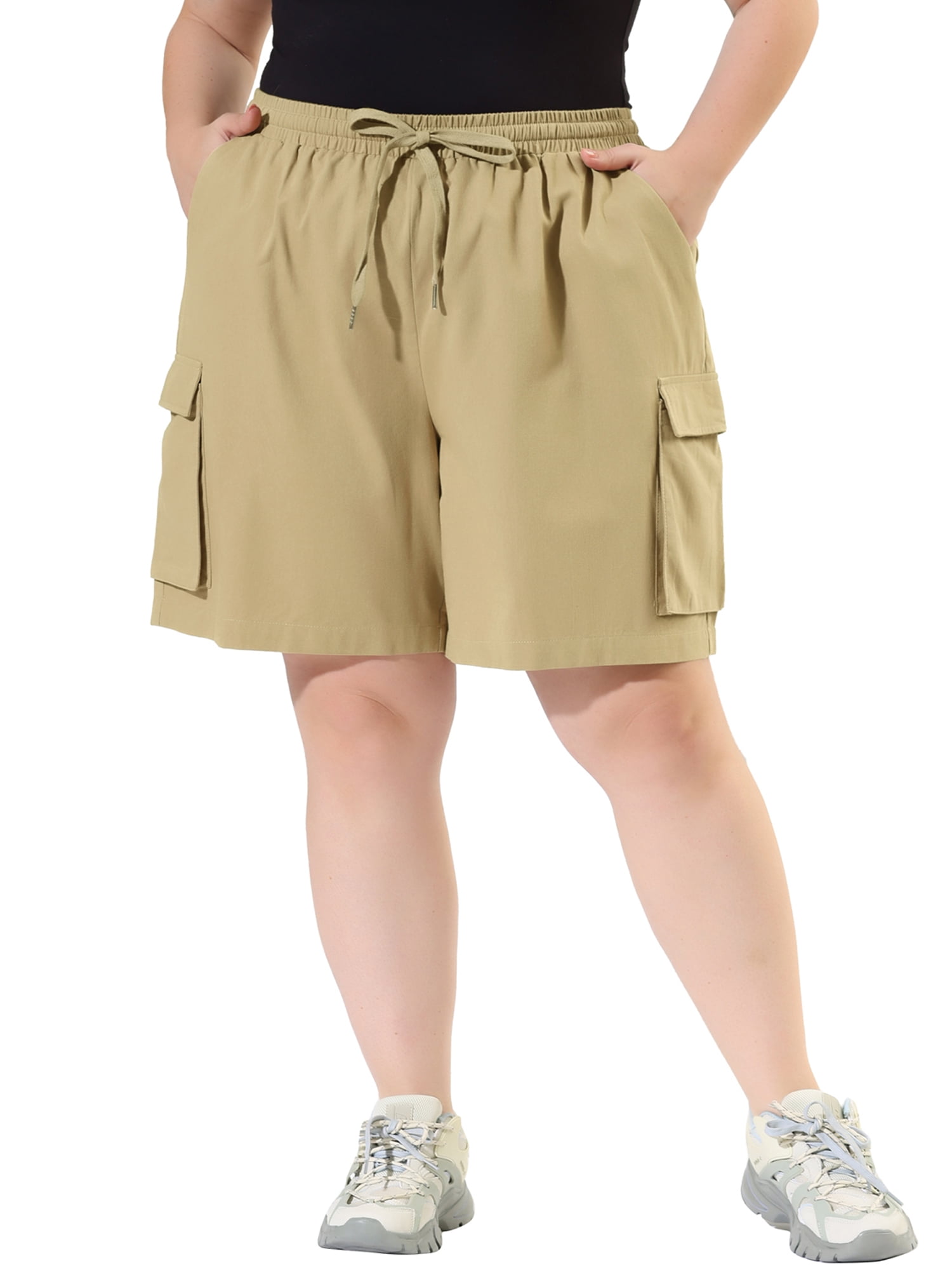 Unique Bargains Women's Plus Drawstring Elastic Waist Cargo Shorts