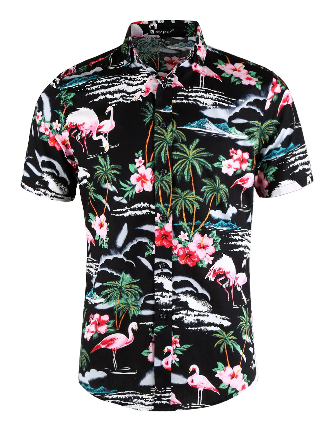 Men Summer Floral Flamingos Button Down Short Sleeve Hawaiian Shirt ...