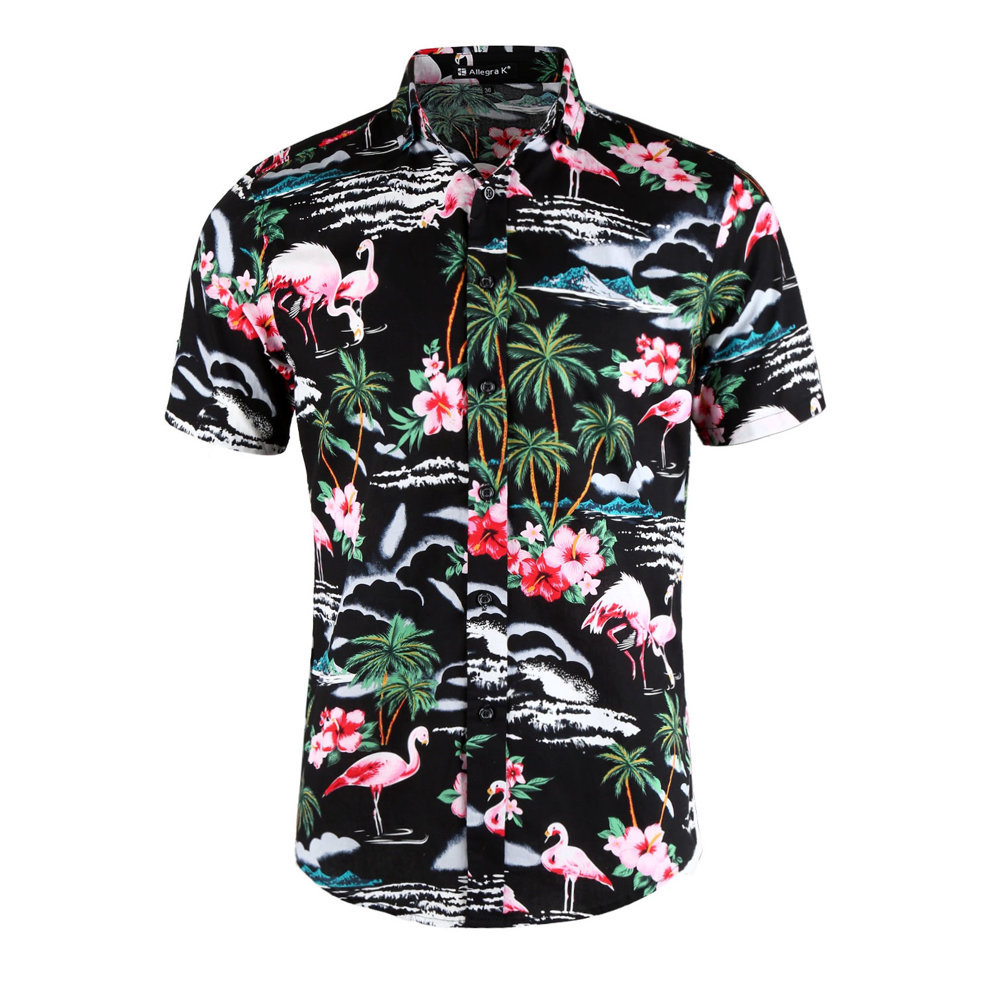 Men Summer Floral Flamingos Button Down Short Sleeve Hawaiian