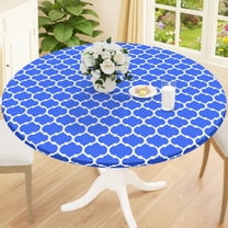 decorUhome Fitted Vinyl Tablecloth Round 43"-56" Diameter, Waterproof Wipeable PVC Table Cover, Moroccan, Blue, For Indoor or Outdoor