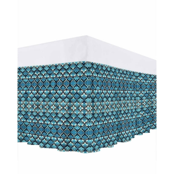 Teal Gradient Bed Skirt Abstract Flowers Geometric Texture Bed Skirts King Size 16 Inch Drop, Wrap Around Dust Ruffle Bedskirt with Adjustable Elastic Belt for Queen Size Beds