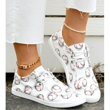 Women Fashion Casual Baseball Non Positioning Printed Sneakers Canvas Lace-Up Loafers Lightweight Ladies Shoes Non Slip