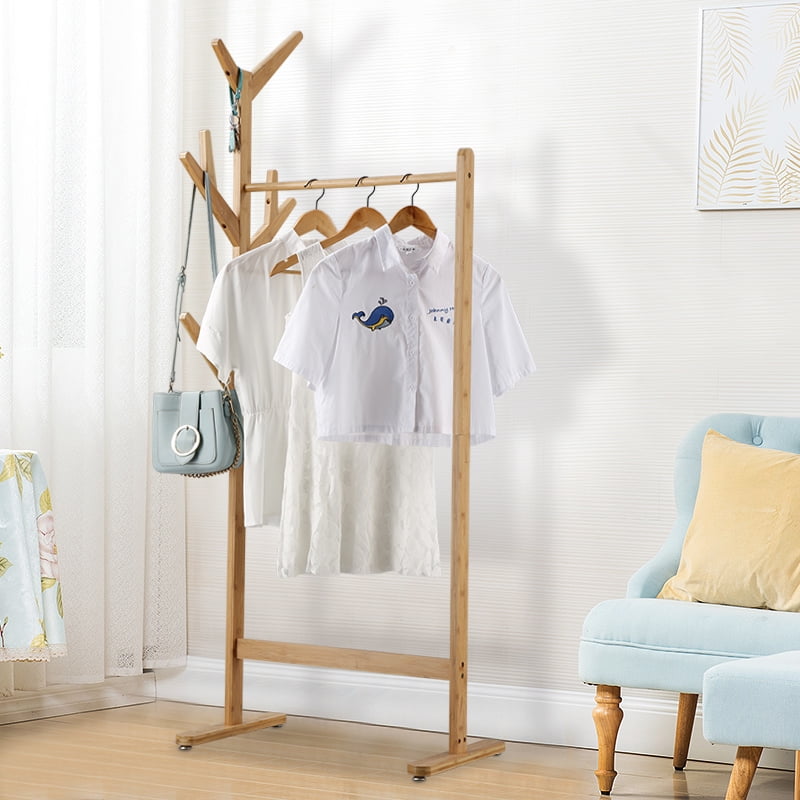 LANGRIA Single Rail Bamboo Garment Rack with 8 Side Hook Tree Stand Coat Hanger and Four Stable