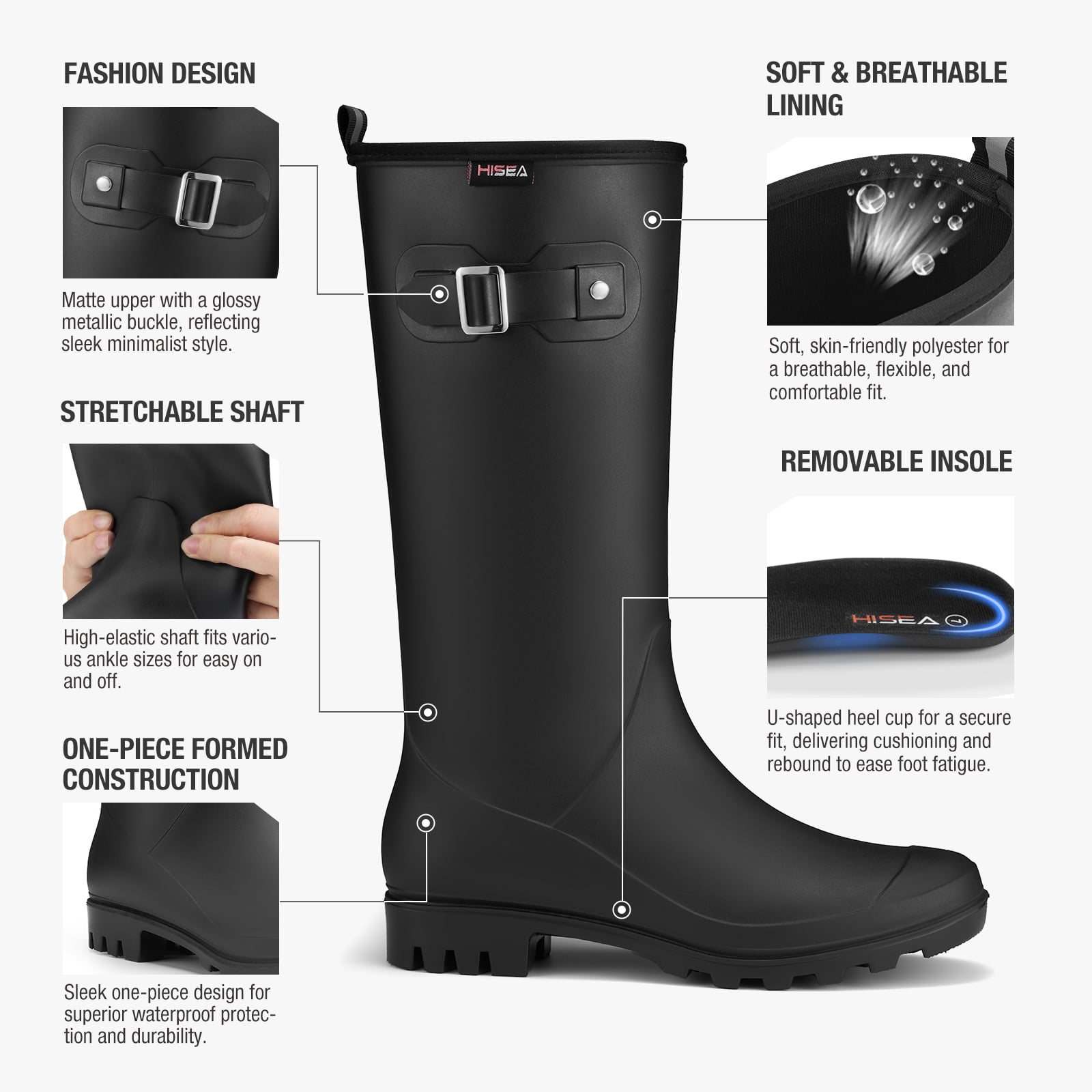 HISEA Women's Slim Calf Waterproof Tall Rain Boots, Anti-Slip PVC Rubber Boots with Comfortable Insole for Outdoor Work & Walking，Black，Size 10