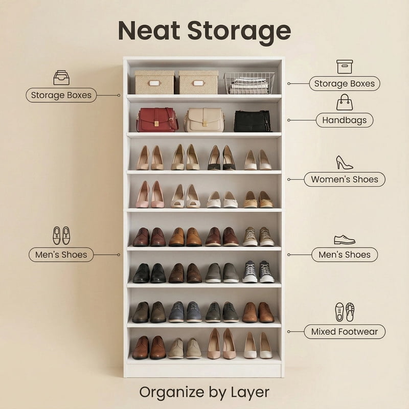 8-Tier Open Shoe Storage Cabinet, Heavy Duty Shoe Shelf Unit, Freestanding Tall Shoe Rack with Adjustable Shelves