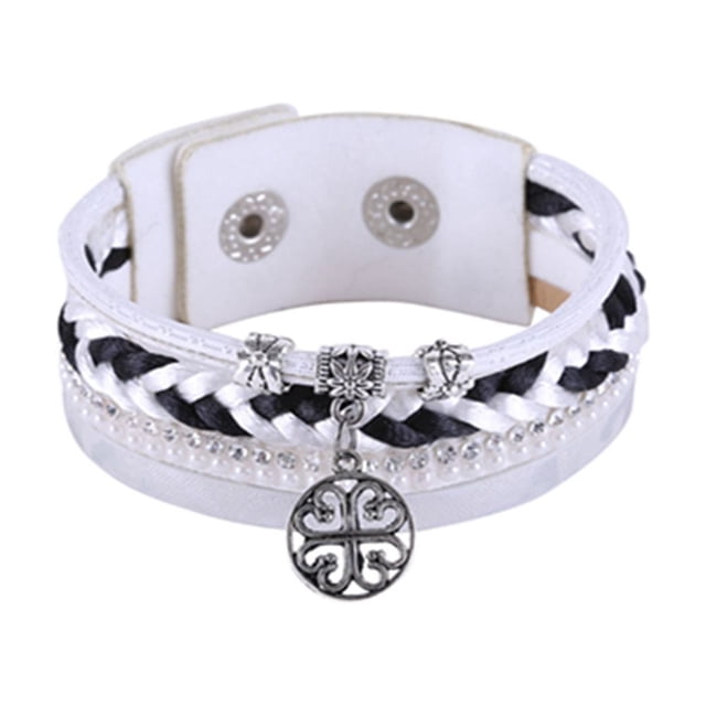 Pulsera tejida con colgante hueco de múltiples capas para mujer, accesorio, brazalete con botón a presión (blanco)