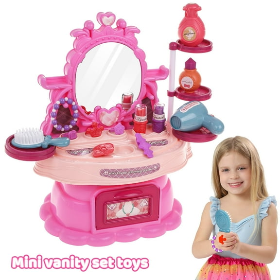 Beefunni Mini Kids Vanity Toy for Toddlers Girls 3 4 5 6 Years, 24 Pcs Pretend Play Dress up Toys for Little Girl, Toy Dresser Birthday Gift for Toddlers Girl 3-6 Years.