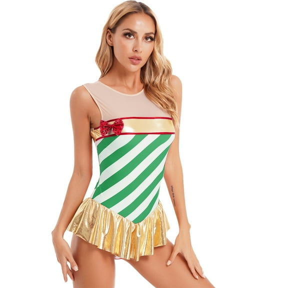 TTAO Women's Gymnastics Leotards Candy Cane Christmas Dance Tutu Xmas Holiday Figure Skating Dress Green XXL