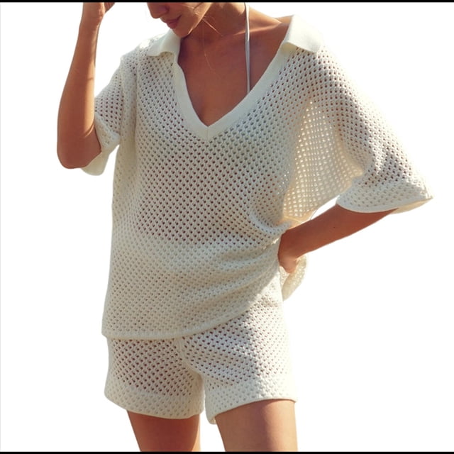 Traje de Baño de Crochet para Mujer, Conjunto de Playa de Verano con Cuello en V, Camisetas de Corta de Punto, Conjunto Corto de 2 Piezas. L