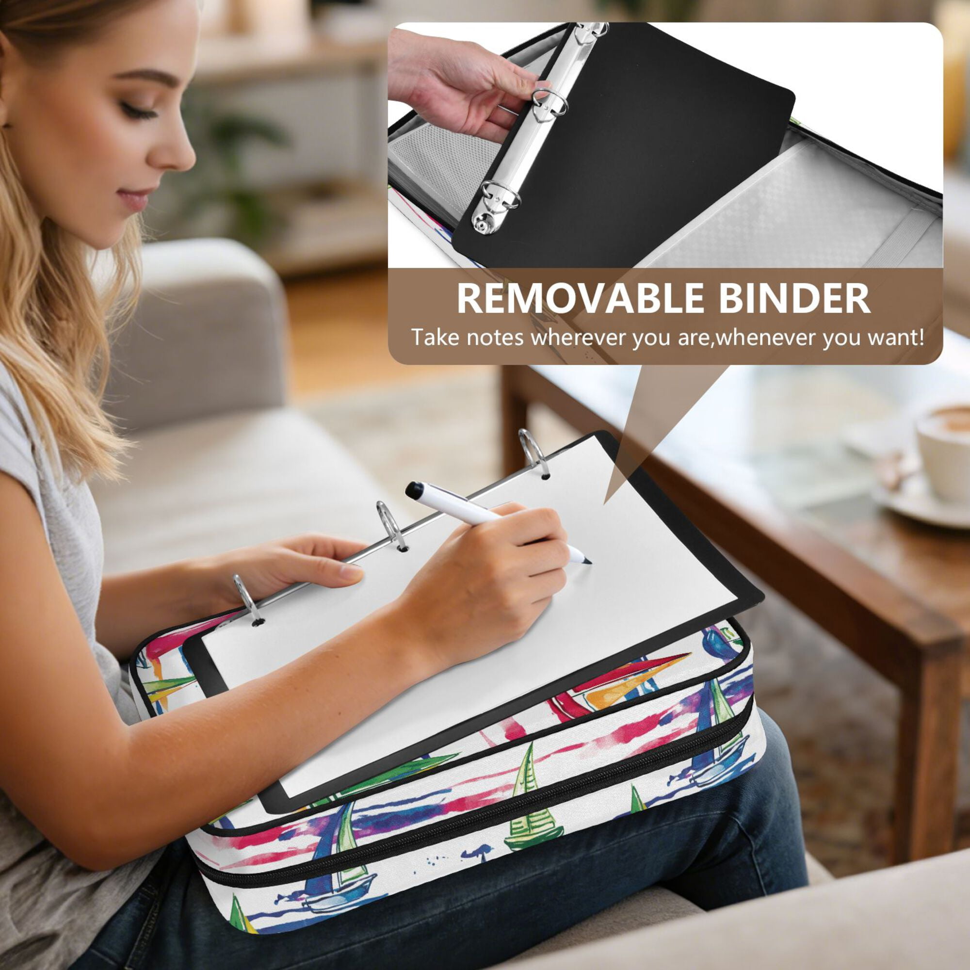 FORMRS Accordion File Folder A4 Size 7-Pocket Expanding Document Organizer Bag with 3 Ring Binder, Hand Drawn Sailboats