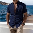 thumbnail image 2 of Men's Casual Button Up Shirt Polyester Blend | Short Sleeve Stand Collar With Breathable Fabric Beach Shirt | Sun Protection Vacation Tops Comfortable Daily | Zenithor,Navy 2XL, 2 of 9